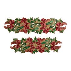 two red and green christmas ribbon with bows on it's ends, one in the shape of poinsettis