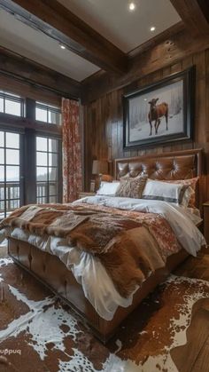 a large bed sitting in the middle of a bedroom next to a window and cowhide rug