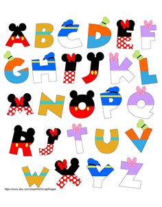 the letters and numbers are made up of mickey mouse heads, ears, and bows