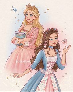 two princesses with books and butterflies in their hands, one is holding a book