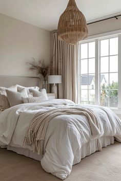 a large bed sitting in a bedroom next to a window with a wicker hanging from the ceiling