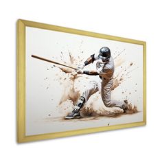 a painting of a baseball player hitting a ball with a bat on a white background