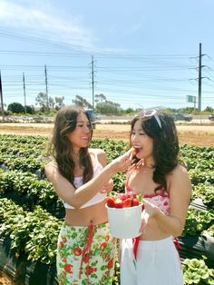 two women standing in a strawberry field eating strawberries