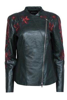 Current Boutique-Lafayette 148 - Forest Green Floral Embroidered Zip-Up Leather Jacket Sz 10 Designer Embroidered Outerwear For Fall, Winter Workwear Outerwear With Floral Embroidery, Designer Embroidered Fall Outerwear, Fitted Floral Embroidered Outerwear For Work, Fitted Leather Jacket With Floral Embroidery For Winter, Winter Floral Embroidered Fitted Leather Jacket, Designer Long Sleeve Leather Jacket For Spring, Green Floral Print Outerwear For Fall, Green Floral Print Fall Outerwear