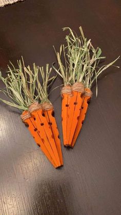 two carrots that have been cut into smaller pieces and are sitting on the floor