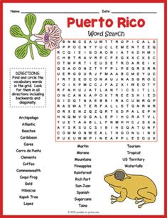 the word search for puerto rico is shown in red and white with an image of a frog