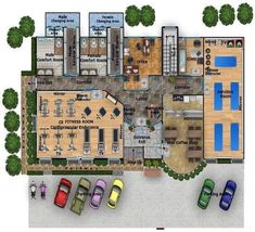 an aerial view of a building with several cars parked in the parking lot