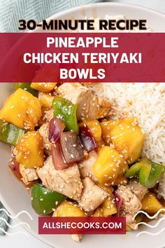 pineapple chicken teriyaki bowls on a plate with rice