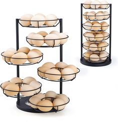 three tiered trays filled with eggs on top of each other in front of a white background