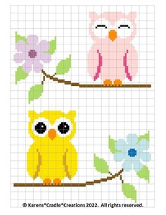 two owls sitting on a tree branch with flowers in front of the cross stitch pattern