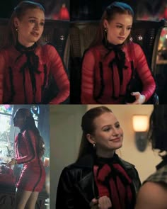 four pictures of the same woman in red and black clothes, one with her hands on her hips