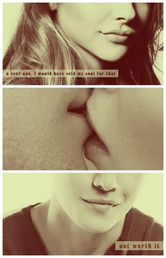 three different images of the same person kissing each other with words above them that read,