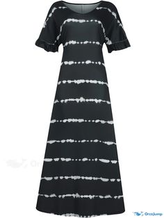 Orcajump - Plus Size Casual Dress, Women's Plus Strip Short Sleeve V Neck Maxi Dress With Pockets Black Cotton Maxi Dress For Vacation, Casual Dress Women, Plus Size Casual Dress, V Neck Maxi Dress, Maxi Dress With Pockets, Dress With Pockets, Plus Size Casual, Collar Styles, Casual Dress