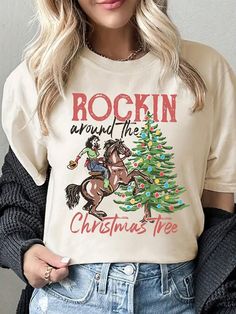 Women Casual Vintage Denim Print & Christmas Tree Pattern Round Neck Short Sleeve T-Shirt Apricot Casual  Short Sleeve Knitted Fabric Figure,Letter,Plants  Medium Stretch  Women Clothing, size features are:Bust: ,Length: ,Sleeve Length: Western Christmas, Knit Tees, Inspiration Mode, Western Shirts, Christmas Shirt, Top Casual, Print T Shirts, Vintage Denim, The Christmas