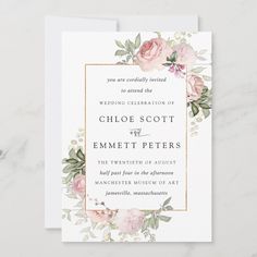 a wedding card with pink flowers and greenery