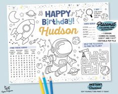 happy birthday hudson coloring page with space theme