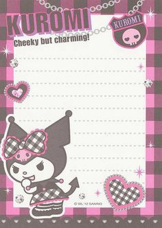 a pink and black checkered notepad with a cartoon character in the center, surrounded by hearts