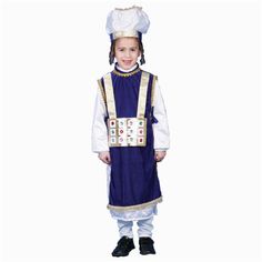 a little boy wearing a blue and white outfit with a chef's hat on his head