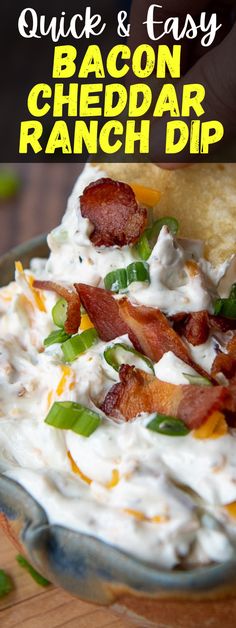 bacon and cheddar ranch dip in a glass bowl