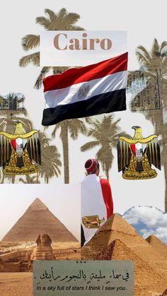 the egyptian flag is flying in front of some pyramids and an egyptian man with a turban on his head