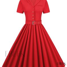 Ebeek - Classic Retro Pleated Hem Dresses for Women, featuring a Belt for a Stylish and Sophisticated Look Retro Formal Dress In Solid Color, Retro Belted Formal Dress, Retro Belted Dress For Formal Occasions, Fitted Retro Belted Dress, Retro Fitted Belted Dresses, Red Elegant Vintage Dress With Short Sleeves, Elegant Red Vintage Dress With Short Sleeves, Vintage A-line Dress For Office, Sophisticated Look