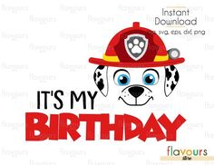 it's my birthday fireman dog with helmet and paw on his head, in red