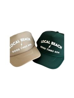 Local Beach Good Times USA Trucker Hat Beach days are the best days! This his or hers trucker is part of our Timeless Summer Collection. Cute and perfect for your next day in the sun. So light, medium profile and a perfect addition to your growing hat collection. 5 Panel Foam Mesh Back Trucker, Pro Style Adult Sizing 100% Poly Foam Front, 100% Nylon Back