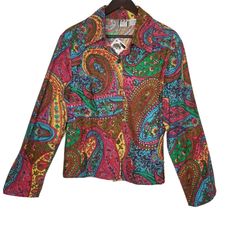 Take Two Women's Size Xl Button Up Front Sequins Multi-Colored Paisley Jacket Retro Multicolor Collared Outerwear, Multicolor Collared Outerwear With Buttons, Multicolor Single-breasted Outerwear For Spring, Multicolor Single-breasted Spring Outerwear, Spring Multicolor Single-breasted Outerwear, Trendy Multicolor Collared Outerwear, Casual Multicolor Outerwear With Buttons, Fitted Multicolor Outerwear With Button Closure, Multicolor Button-up Outerwear For Spring