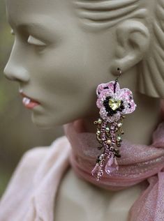 Victorian -inspired bold ornate earrings are made of vintage embroidered silk laces base, beaded with pale pink cut seed beads, diamante trims with pink  shade crystals, pale yellow crystals, Swarovski pink crystal drops. Earrings are about 11 cm ( 4,3 inches) long and weight 9 grams (one earring). Backed partially with layer of lace. Ornate Earrings, Yellow Crystals, Hand Beaded Lace, Crystals Swarovski, Embroidered Jewelry, Lace Earrings, Rose Pale, Pink Shade, Crystal Drop