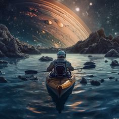 an artist's rendering of a man in a kayak on the surface of space