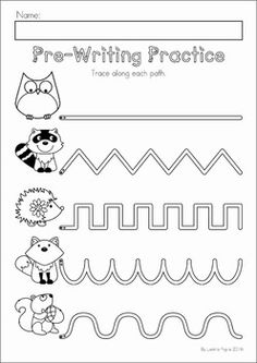 the worksheet for pre - writing practice with animals and lines on it's side