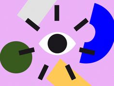 an eye is surrounded by geometric shapes on a pink background