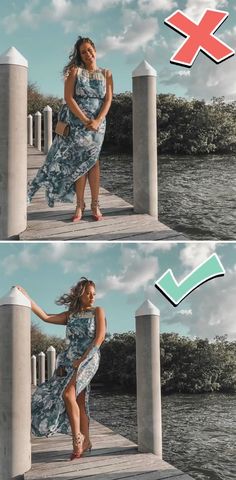 two different pictures of a woman in a dress standing on a pier next to the water