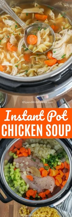 the instant pot chicken soup is ready to be cooked in the crockpot and served with