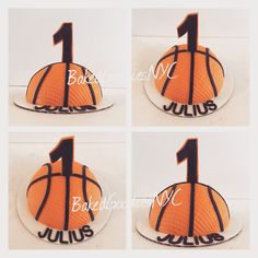 four photos of a basketball cake with the number one on top and two in the middle