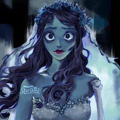 a drawing of a woman with long dark hair and blue eyes wearing a tiara