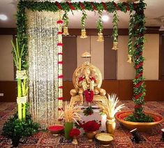 Flower Decoration For Ganpati, Ganpati Decoration Theme, Indian Wedding Stage, Mandir Decoration, Janmashtami Decoration, Ganapati Decoration