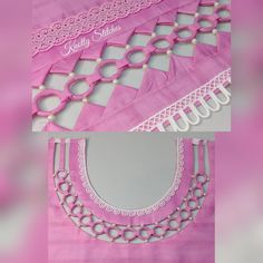 two pictures of pink fabric with white lace and pearls on the edges, one is cut in half