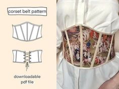 a woman wearing a corset belt pattern with pictures on the front and back