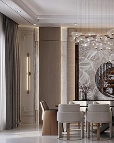 an elegant dining room with chandelier and marble flooring, along with white chairs