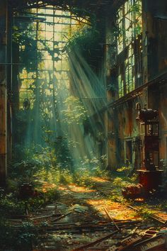 an old abandoned building with sunlight streaming through the windows and trees in the foreground