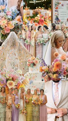 a collage of wedding photos with brides and grooms in pastel colors