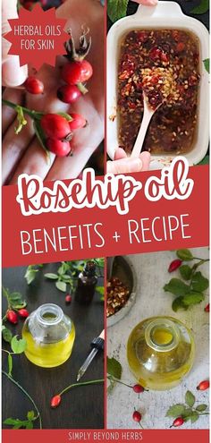 the benefits of rosehip oil for skin and hair are shown in this collage