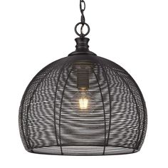 a black hanging light fixture with an open wire cage on the front and back end