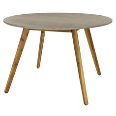 a round table with two wooden legs and a concrete top on an isolated white background