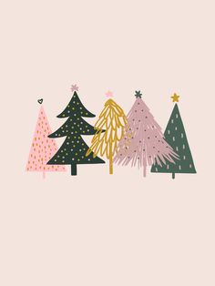 christmas trees are lined up against a pink background