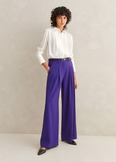 Fluid Pleat Front Wide-Leg Pant | ME+EM Purple Trousers Outfit, Office Styling, Stretch Leather Boots, Dark Neutrals, Flare Maxi Dress, Tux Shirt, Vest Layering, Navy Striped Shirt, Fall Closet