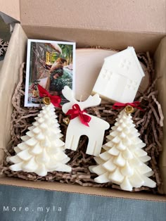 an open box with some christmas decorations in it