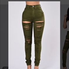 Product Details - Runs Small - High Waisted - Faux Front Pockets - Skinny Leg - Distressed - 98% Cotton , 2% Spandex * Brand New, Never Worn, Still With Tag Attached * Green Bottoms With Zipper Closure For Fall, Trendy Green Bottoms With Zipper Closure, High Waist Green Bottoms With Zipper Closure, Army Green Outfit, Dark Blue Jeans, Fashion Nova Jeans, Blue Denim Jeans, Ripped Jeans, Colored Jeans