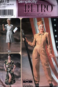 "Nurse, Soldier & Hawaiian Costumes with hats in three sizes (21-22-23\"). Rare costume pattern for WWII Era, with three complete costumes, in 4 sizes. Great for South Pacific theatre production. Designed by Theresa La Quey. The pattern is uncut, factory folded with directions. The envelope has shelf wear and marker. Dated Published 2001. Size: 6-8-10-12 Bust: 30.5-31.5-32.5-34\" Waist: 23-24-25-26.5\" Hips: 32.5-33.5-34.5-36\"" Womens Uniform, Hawaiian Costume, 1940s Costume, Sewing Patterns Skirt, Women's Sewing Pattern, Costume Sewing Patterns, Rosie The Riveter, Retro Costume, Costume Patterns